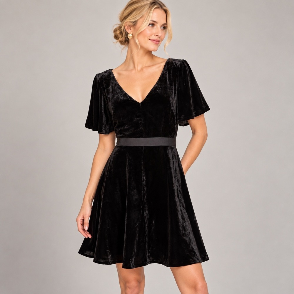 Ann Taylor Black Velvet Flutter Sleeve V-Neck Grosgrain Ribbon Waist Dress 4